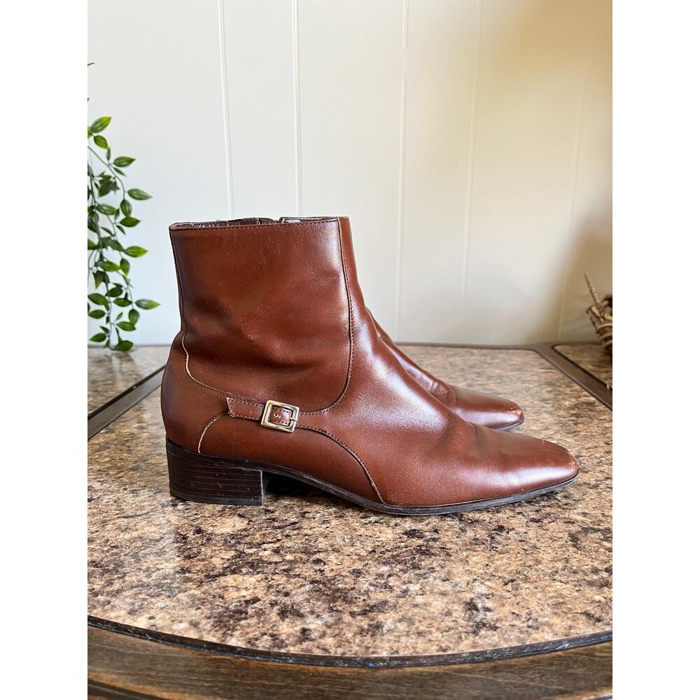 Talbots‎ Brown Leather Ankle Booties Boots 8B Zip UP Neutral Minimalist Capsule